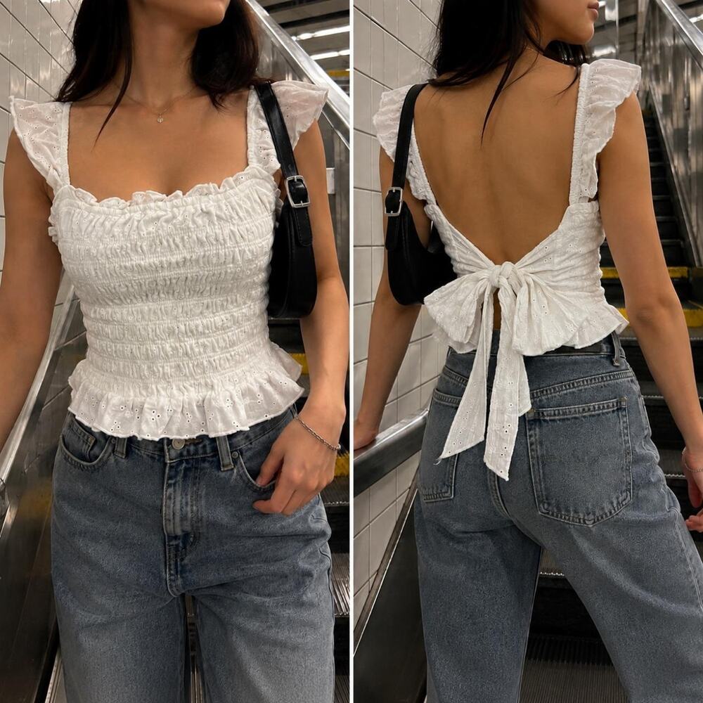 KIRIOUS Los Angeles White Eyelet Smocked Tie-Back Crop Top M